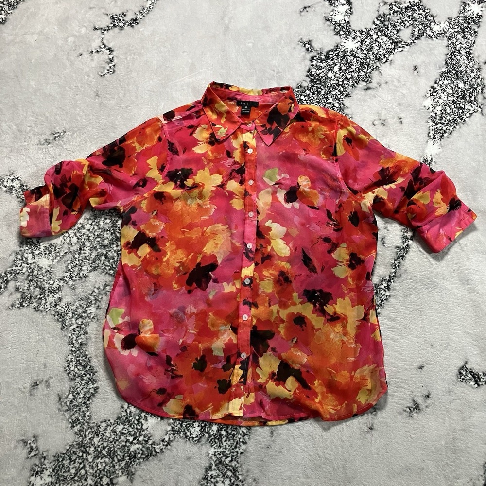 Thesis XL Sheer Floral Button Up‎ Blouse Pink Orange Watercolor Lightweight Top